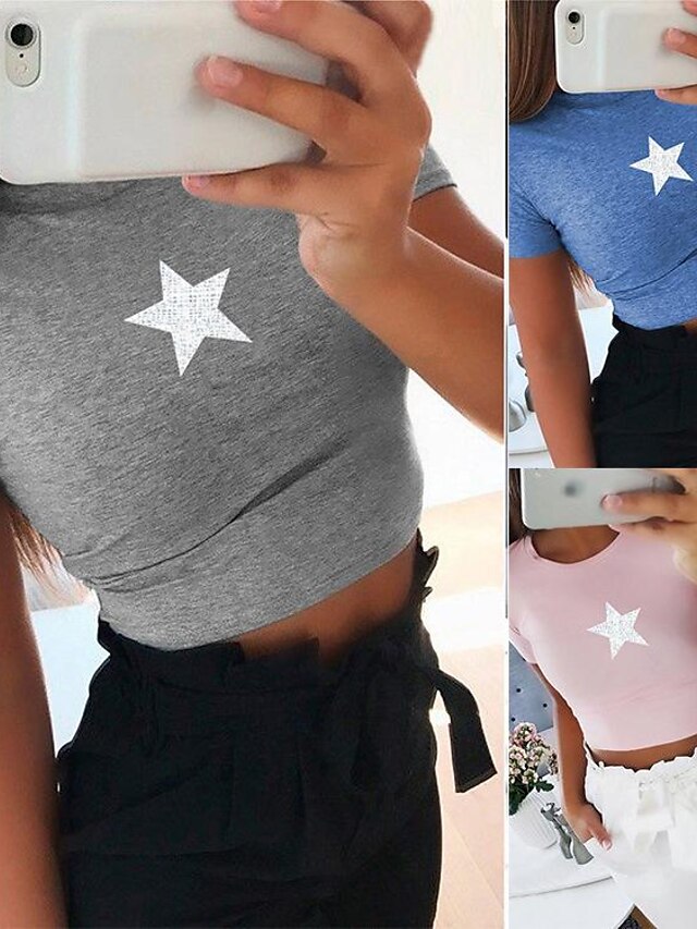  Women's Graphic Patterned Star Casual Daily Holiday Short Sleeve Crop Tshirt T shirt Tee Round Neck Print Basic Essential Sexy Tops Slim Black Blue Pink S
