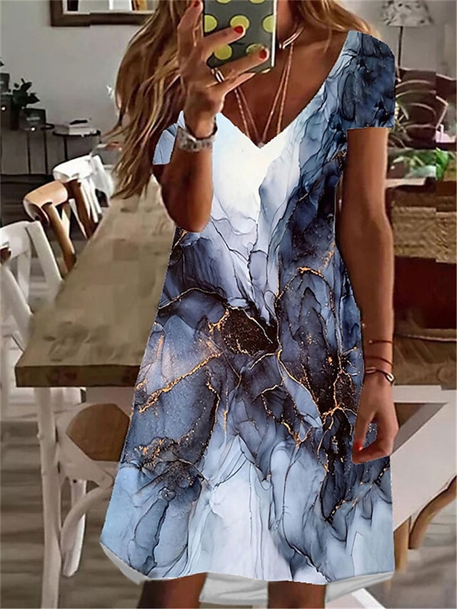  Women's Short Mini Dress A Line Dress Green Black Blue Gray Pink Yellow Light Green Light Red Dusty Blue Beige Short Sleeve Print Color Gradient V Neck Spring Summer Stylish Casual Vacation 2022 Loose