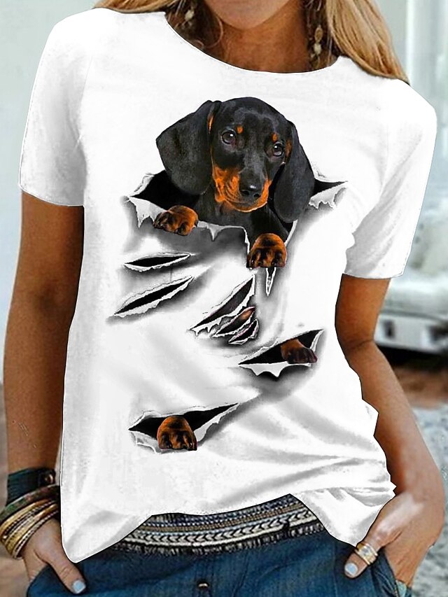  Dame T skjorte Hund 3D Avslappet Helg Hvit Rosa Blå Trykt mønster Kortermet Grunnleggende Rund hals Normal