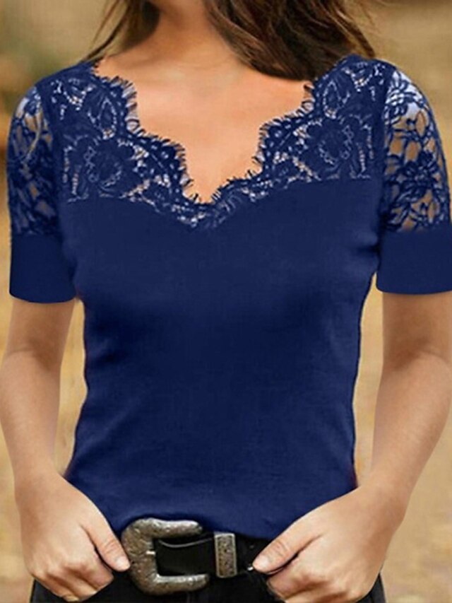  Per donna maglietta Liscio Informale Fine settimana Manica corta maglietta A V Pizzo Collage Essenziale Nero Blu Rosso S