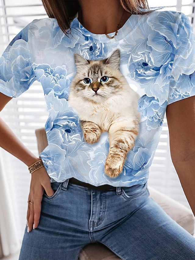  Damen T Shirt Rosa Blau Purpur Bedruckt Blumen Katze Casual Festtage Kurzarm Rundhalsausschnitt Basic Standard Blume 3D Cat Farbe S