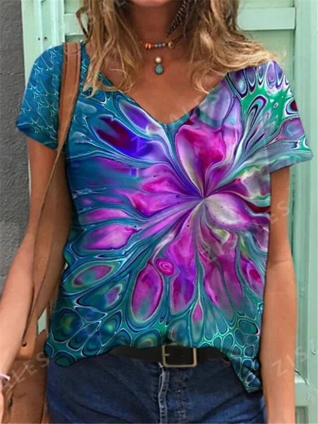  T shirt Tee Femme du quotidien Floral Graphic Fleur Manches Courtes Fleur Col V Imprimer basique Bleu Violet Rouge Hauts Standard S / 3D effet
