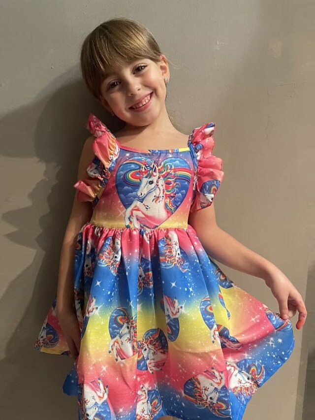  Kids Little Girls' Dress Rainbow Floral Patchwork Party Casual Holiday Pleated Print Rainbow Knee-length Sleeveless Active Sweet Dresses Children's Day Summer Regular Fit 2-12 Years