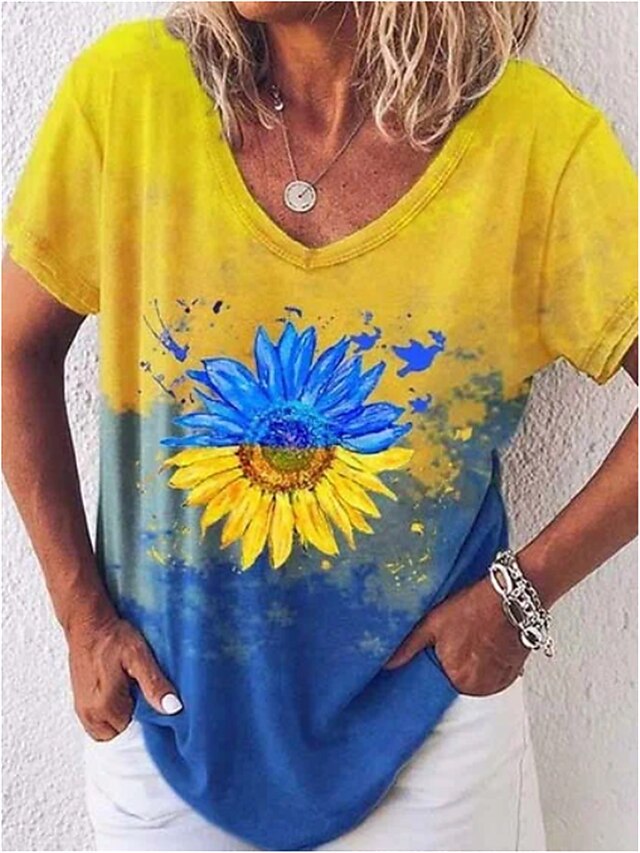  Dame Afslappet Daglig Ferie T-shirt Kortærmet Farvegradient Blomst V-hals Patchwork Trykt mønster Basale Toppe Gul S / 3D-udskrivning
