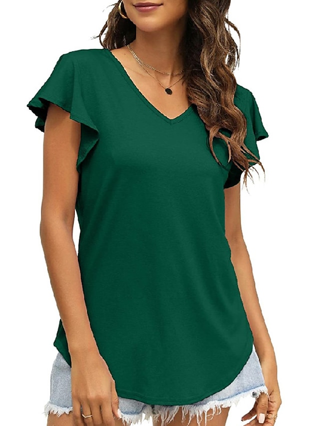  Women's T shirt Tee Plain Casual Weekend Short Sleeve T shirt Tee V Neck Ruffle Basic Essential Green White Black S