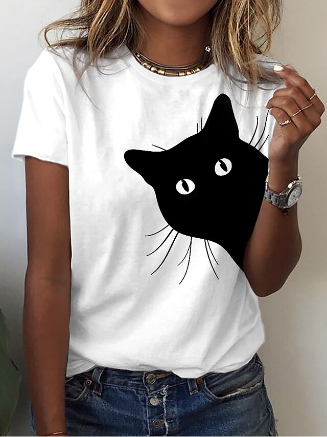  Dame T-shirt 100 % bomuld Kat 3D Afslappet Weekend Hvid Gul Lyserød Trykt mønster Kortærmet Basale Rund hals Regulær