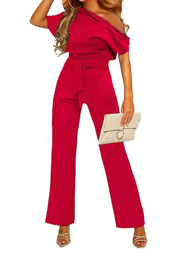  Combinaison-pantalon Femme Couleur unie Elégant Une Epaule Ample Décontractée du quotidien Manches Courtes Standard Bleu S Printemps