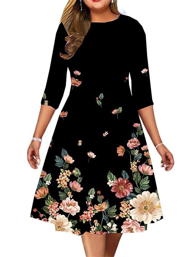  Women's Plus Size Floral A Line Dress Print Round Neck 3/4 Length Sleeve Casual Spring Summer Causal Daily Midi Dress Dress