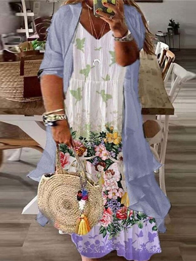  Women's Plus Size Floral A Line Dress Print V Neck Half Sleeve Casual Vintage Spring Summer Daily Vacation Maxi long Dress Dress