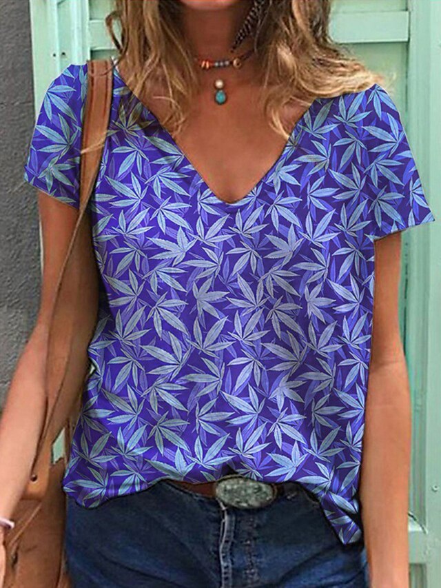  Dame Afslappet Weekend T-shirt Blomster Tema Maleri Kortærmet Batikfarvet Blad V-hals Trykt mønster Basale Toppe Grøn Lilla Lysegrøn S / 3D-udskrivning