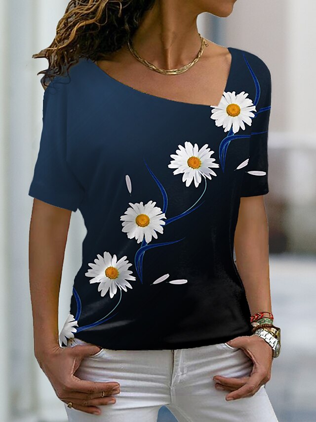  Women's T shirt Tee Daisy Casual Holiday Weekend Floral Painting Short Sleeve T shirt Tee V Neck Print Basic Essential Green Blue Purple S / 3D Print
