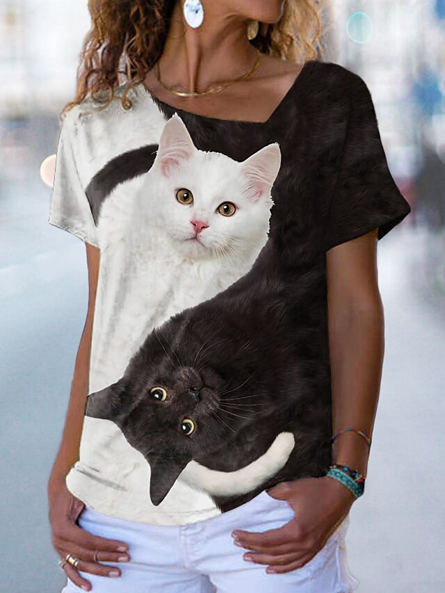  Dame Katt 3D Avslappet Helg 3D Cat Maling Kortermet T skjorte V-hals Trykt mønster Grunnleggende Topper Brun S / 3D-utskrift