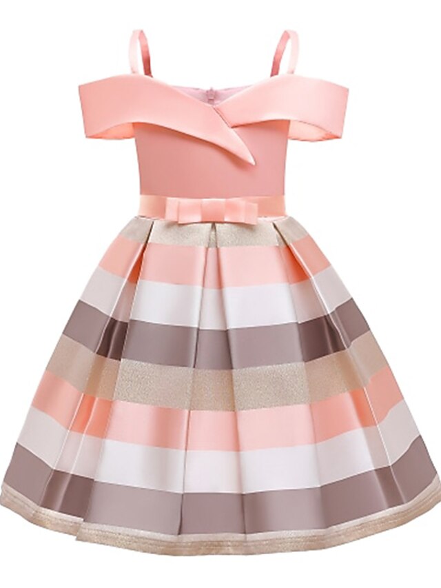  Kids Little Dress Girls' Striped Pleated Bow Blue Pink Knee-length Sleeveless Vintage Dresses Regular Fit