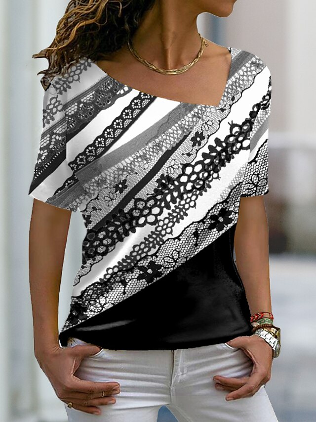 Damen T Shirt Graphic Casual Wochenende Farbe Kurzarm T Shirt V Ausschnitt Bedruckt Basic Grün Schwarz Blau S / 3D-Druck
