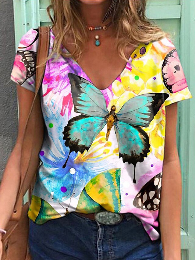  T shirt Tee Femme Casual Fin de semaine Floral Papillon Manches Courtes Papillon Flamant Peinture Col V Imprimer basique Vert Noir Bleu Hauts Standard S / 3D effet