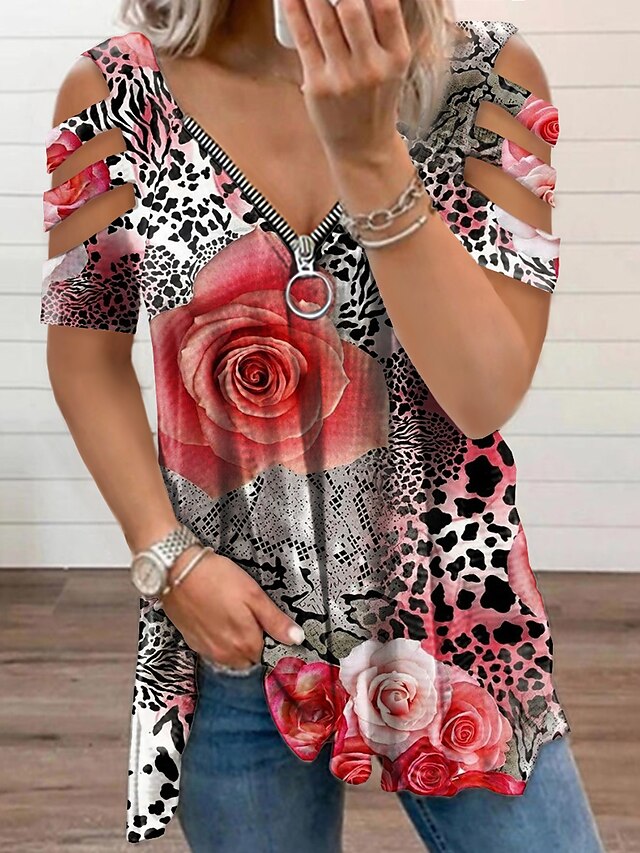  Mulheres Floral Leopardo Casual Final de semana Tema Flores Pintura Manga Curta Camiseta Decote V Ombro frio Quarter Zip Imprimir Básico Blusas Rosa S / Impressão 3D