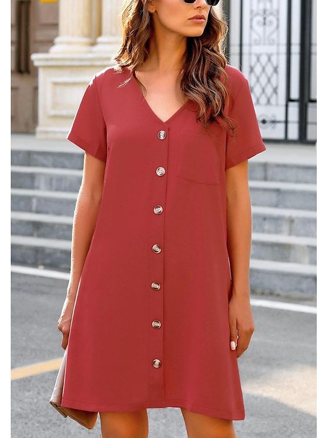  Mujer Vestido de Camisa Rojo Bolsillo Botón Plano Verano Moderno Diario Camiseta S M L XL 2XL