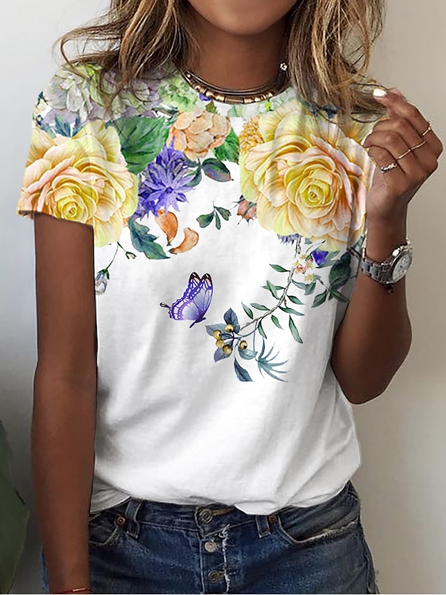  Mujer Floral Casual Festivos Fin de semana Flor Pintura Manga Corta Camiseta Escote Redondo Estampado Básico Tops Azul Piscina Morado Amarillo S / Impresión 3D