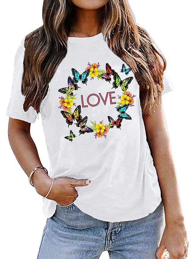  Women's Graphic Patterned Butterfly Letter Daily Going out Weekend Butterfly Short Sleeve T shirt Tee Round Neck Print Basic Essential Tops 100% Cotton Green White Black S