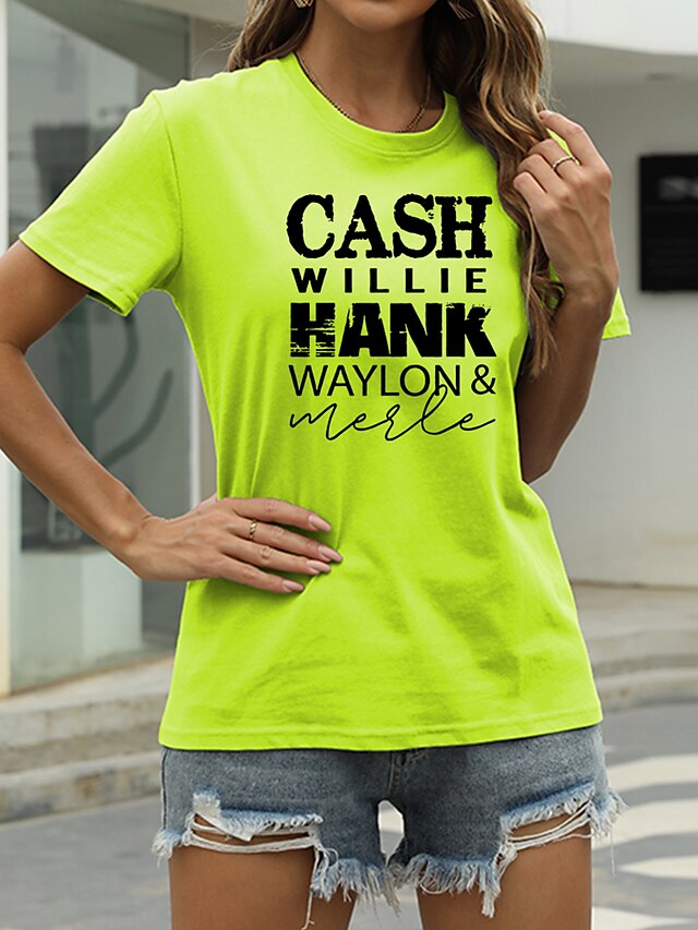  Women's Casual Going out T shirt Tee Short Sleeve Graphic Letter Round Neck Print Basic Tops 100% Cotton Green White Black S