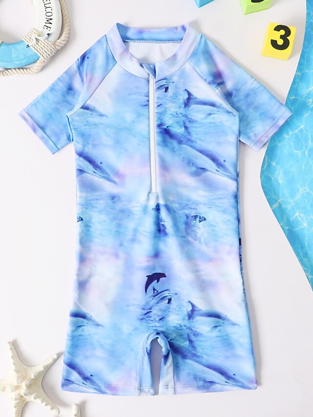  Kids Boys One Piece Swimwear Swimsuit Print Swimwear Short Sleeves Tie Dye Animal Blue Active Outdoor Beach Bathing Suits 1-5 Years / Spring / Summer