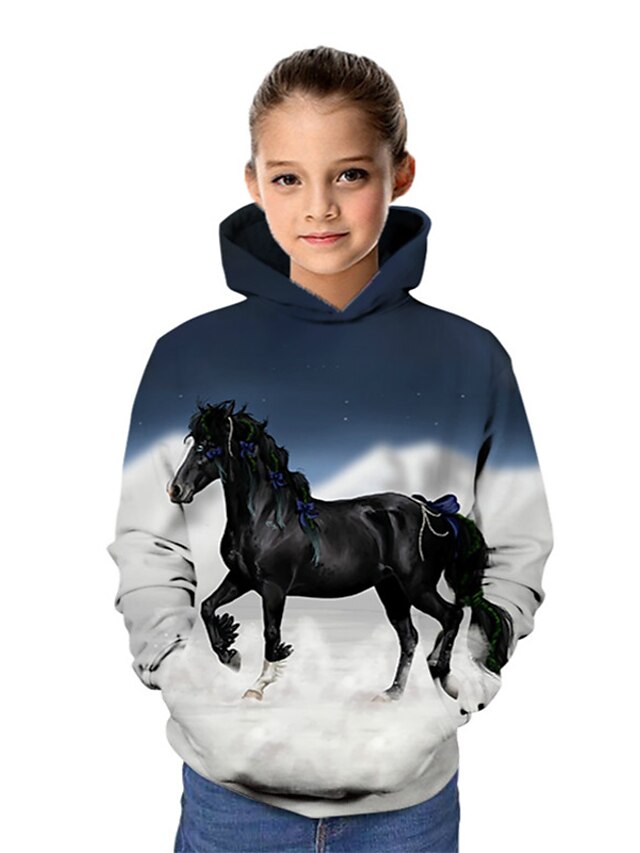  barn jenter hest grafisk 3d hettegenser og genser langermet dyreprint marineblå barn topper aktiv skole