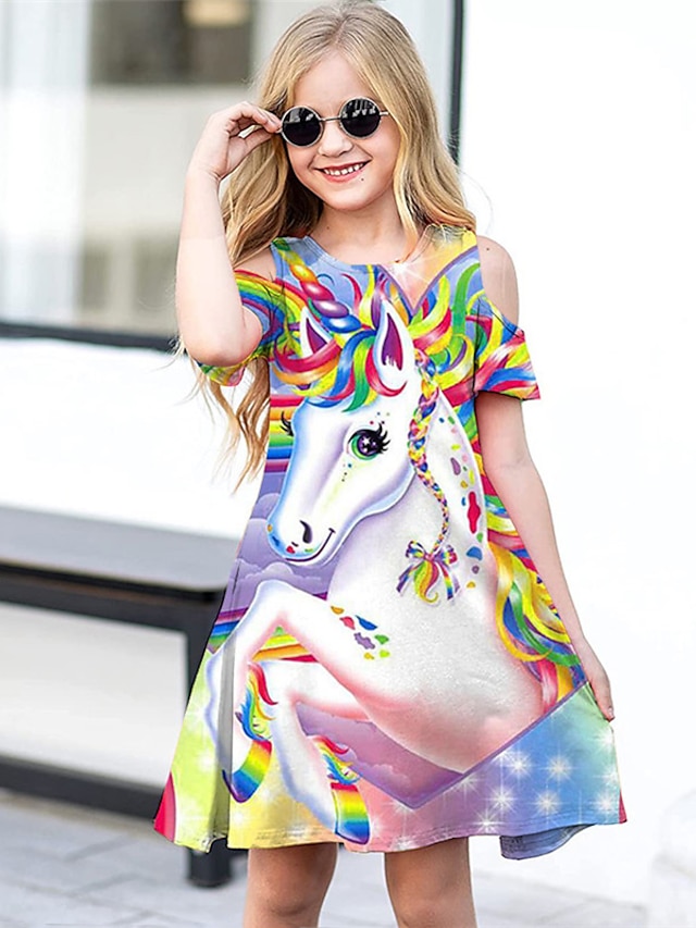  Girls' A Line Dress Short Sleeve Animal Unicorn 3D Printed Graphic Dresses Cute Casual Sweet Above Knee Polyester Dress Summer Spring Kids Daily Holiday Vacation Regular Fit Print