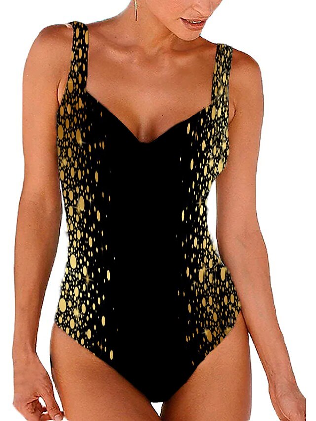  Women's Swimwear One Piece Monokini Bathing Suits Plus Size Swimsuit Round Dots High Waisted for Big Busts Golden Black V Wire Padded Bathing Suits Vacation Sexy Sports / Strap / New / Strap