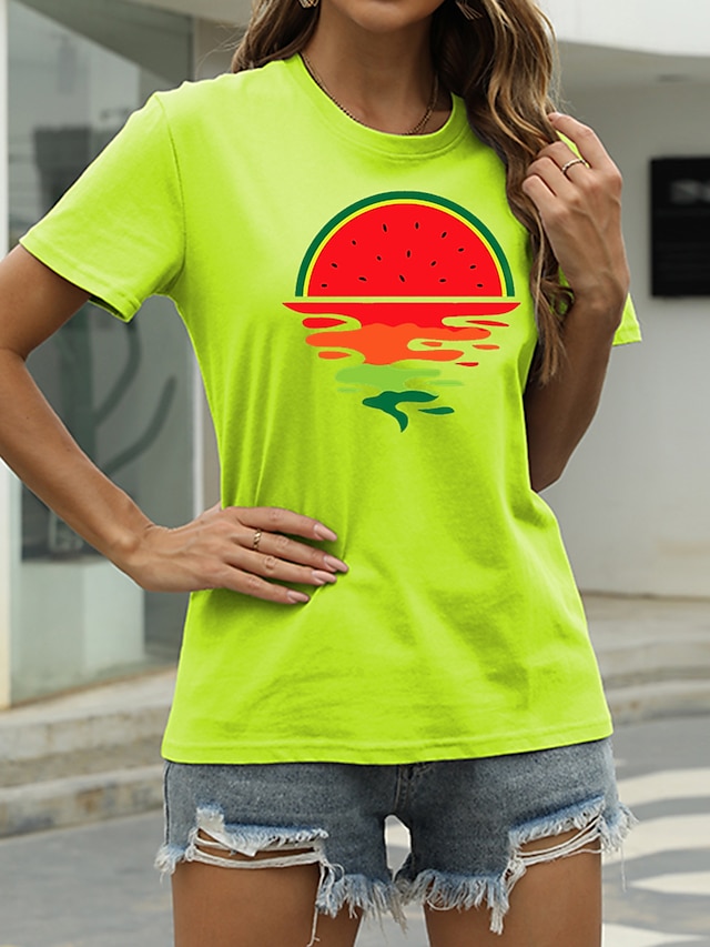  Dame Grafisk Frugt Afslappet I-byen-tøj Kortærmet T-shirt Rund hals Trykt mønster Basale Toppe 100 % bomuld Grøn Hvid Sort S