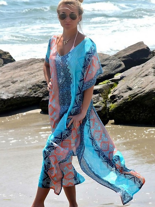  Women's Normal Swimwear Cover Up Beach Dress Swimsuit Oversized Print Active Party Bathing Suits