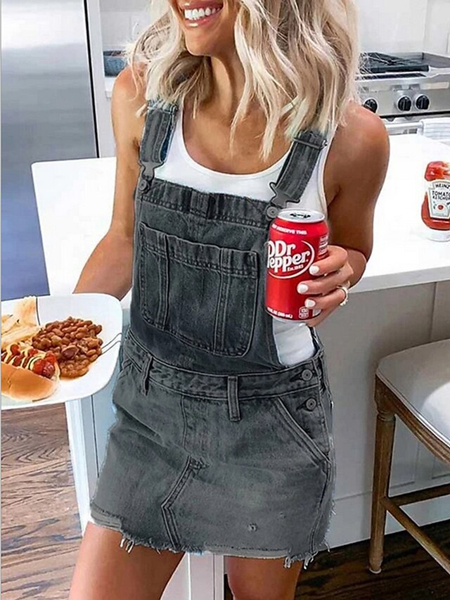  Women's Short Mini Dress Denim Overall Pinafore Dress Blue Gray Sleeveless Pocket Solid Color Square Neck Spring Summer Chic & Modern Hot Casual 2022 S M L XL XXL