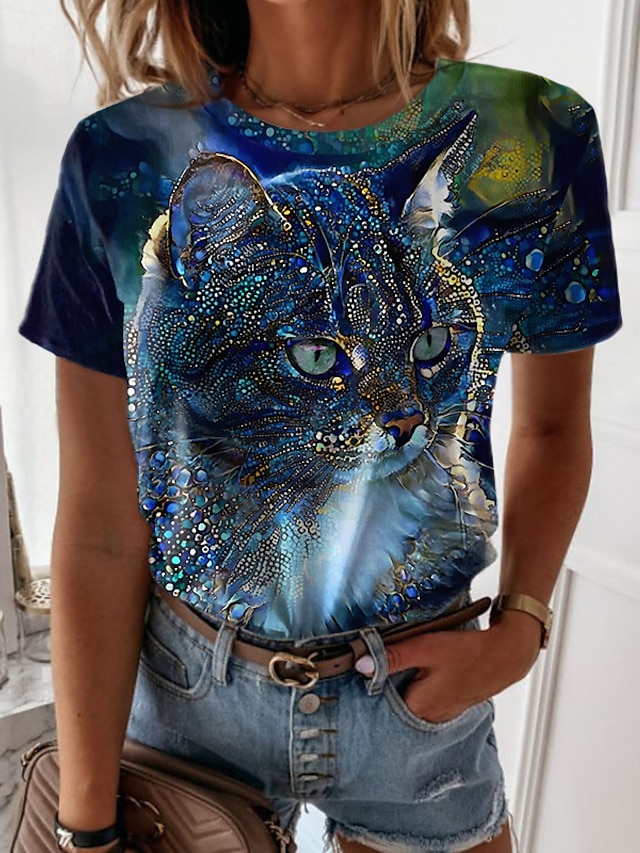  Dame T-shirt Navyblå Trykt mønster Kat 3D Afslappet Weekend Kortærmet Rund hals Basale Normal 3D kat Maleri S