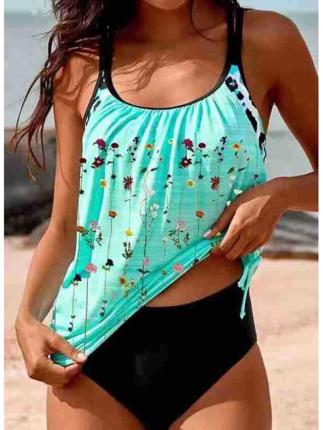  Women's Swimwear Normal Tankini 2 Piece Swimsuit Floral Open Back Printing Green Blue Rosy Pink Strap Camisole Bathing Suits Vacation Fashion Sexy / Modern / New / Padded Bras