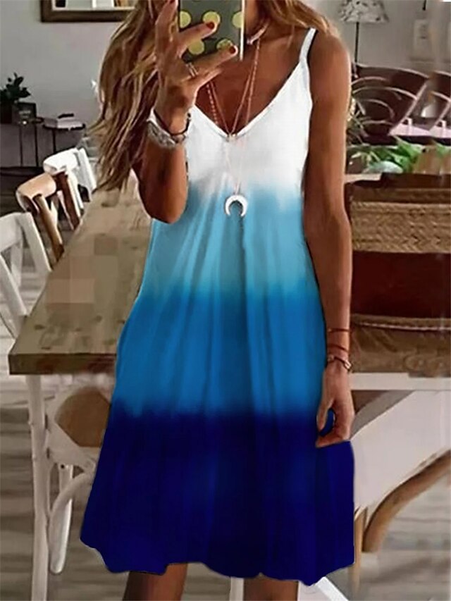 Women's Knee Length Dress A Line Dress Blue Sleeveless Ruffle Patchwork Print Color Gradient V Neck Summer Casual Vacation 2022 S M L XL XXL / 3D Print