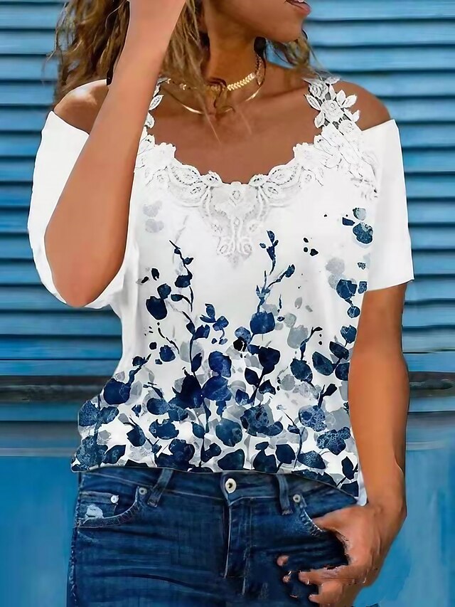  Mulheres Camiseta Blusa Floral Gráfico Rua Casual Para Noite Renda Patchwork Camiseta Branco Manga Curta Básico Moderno Ombro a Ombro Verão