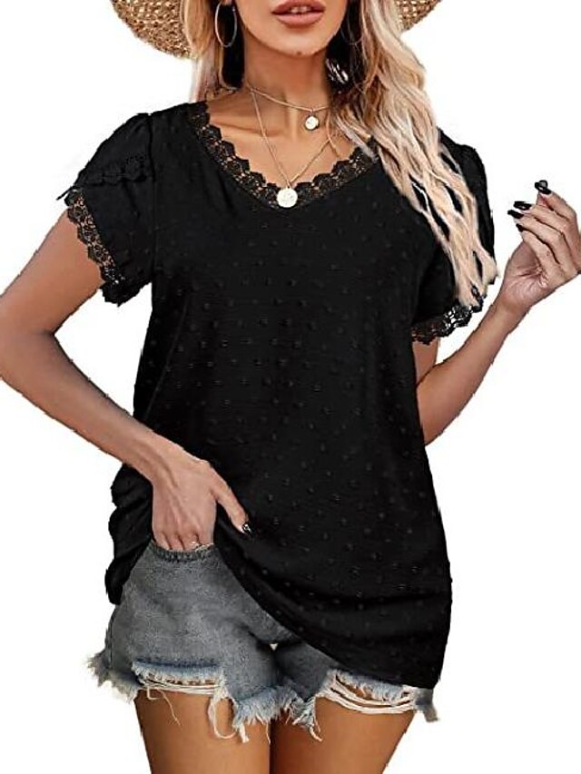  Dame T-shirt Vanlig Afslappet Daglig Kortærmet T-shirt Rund hals Blonder Basale Elegant Grøn Hvid Sort S