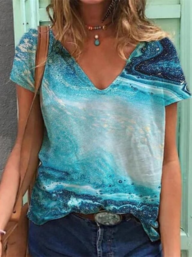  T shirt Tee Femme du quotidien Graphic Géométrique Manches Courtes Géométrique Col V Imprimer basique Bleu Violet Pêche Hauts Standard S / 3D effet