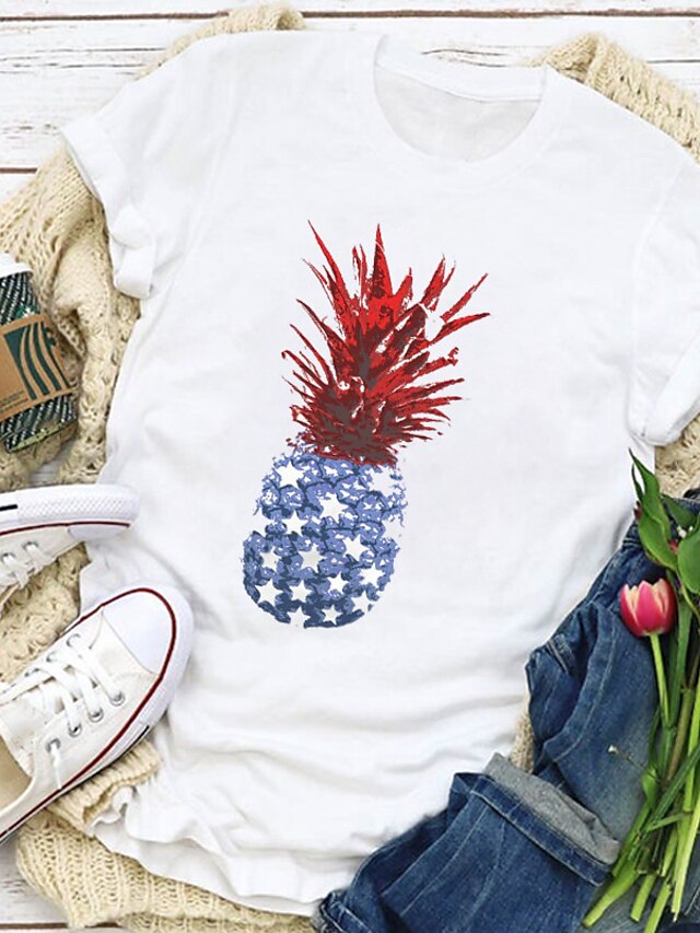  Women's Casual Weekend Independence Day T shirt Tee Painting Short Sleeve USA Sunflower Fruit Round Neck Print Basic Tops White Wine Red S