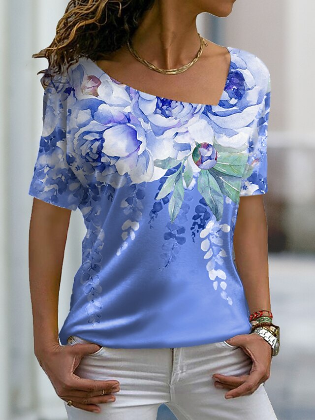  Dame T skjorte Gul Rosa Blå Blomstret Trykt mønster Kortermet Avslappet Ferie Helg Grunnleggende V-hals Normal Blomster Tema Maling