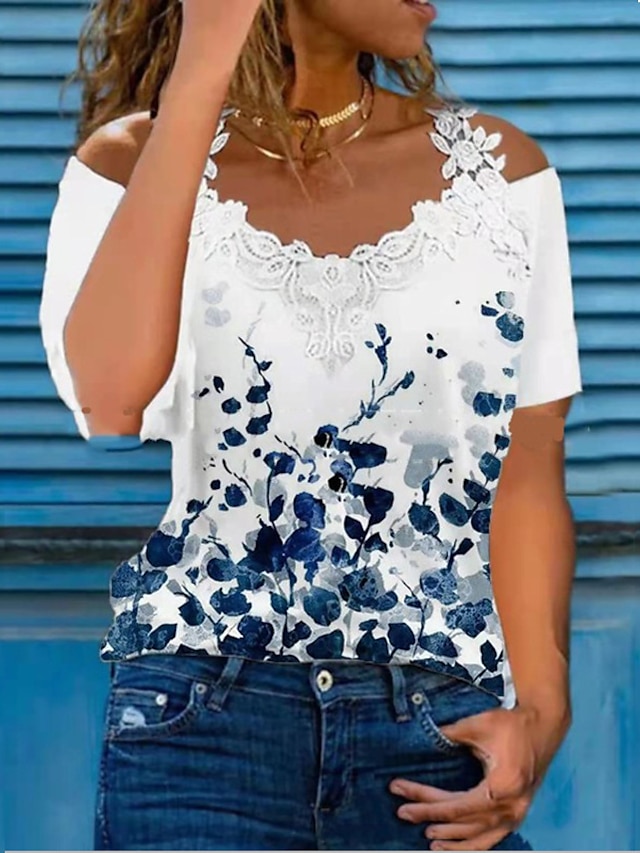  Women's T shirt Tee Floral Butterfly Plaid / Check White Yellow Pink Lace Patchwork Cold Shoulder Short Sleeve Casual Holiday Weekend Basic Elegant Off Shoulder V Neck Regular Fit Cold Shoulder