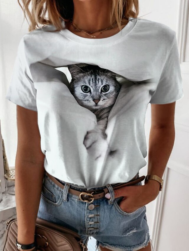 Dame T skjorte Hvit Trykt mønster Katt 3D Avslappet Helg Kortermet Rund hals Grunnleggende Normal 3D Cat Maling S