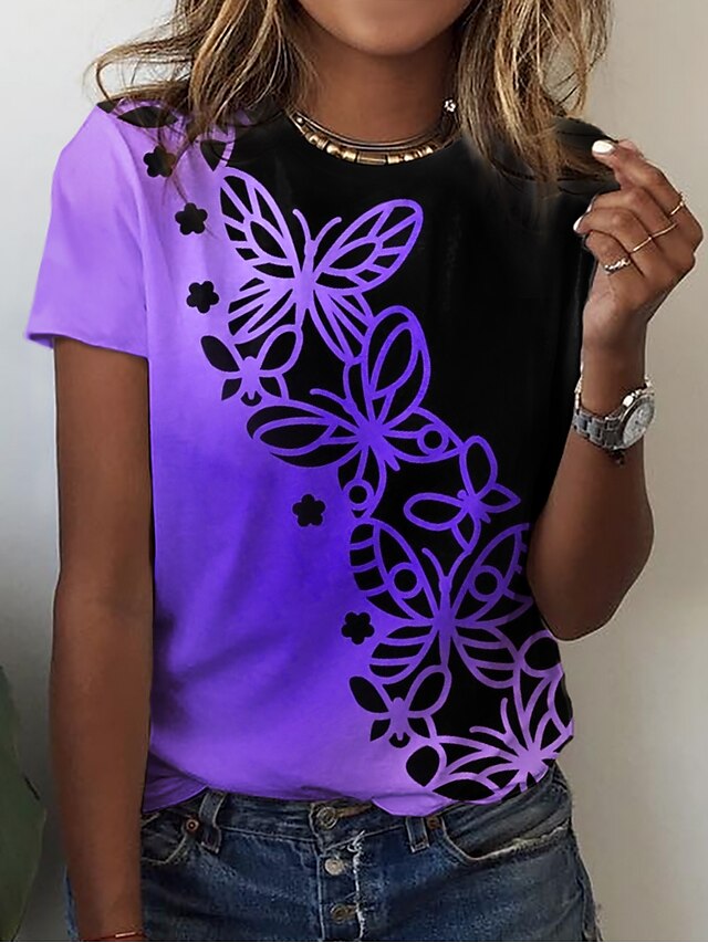  Damen T Shirt Rosa Blau Purpur Bedruckt Farbblock Schmetterling Casual Wochenende Kurzarm Rundhalsausschnitt Basic Regular Fit Schmetterling Farbe