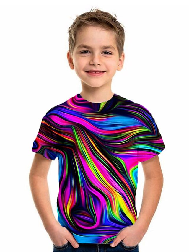  Kinder Jungen T-Shirt Kurzarm 3D-Druck Einfarbig Geometrisch Druck Regenbogen Kinder Oberteile Sommer Grundlegend Urlaub Street Schick