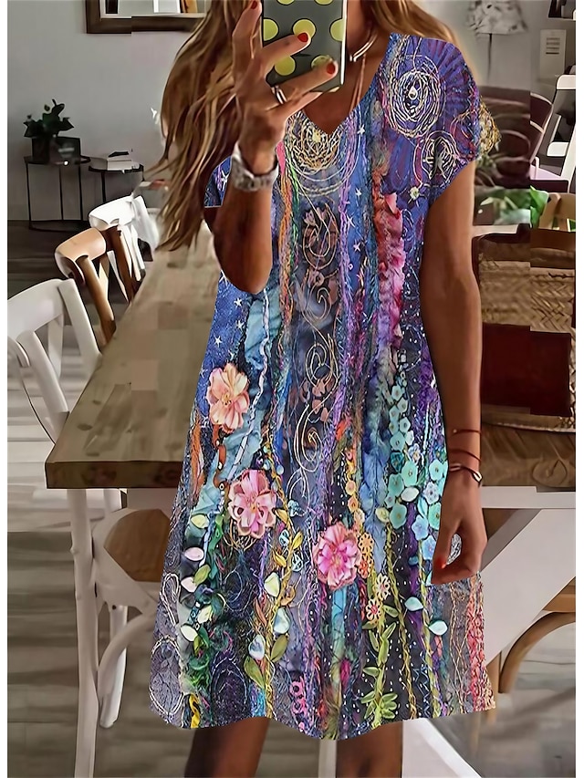  Femme Robe Longueur Genou Robe Droite Violet Manches Courtes Imprimer Floral Col en V Printemps Eté à la mode Décontractée 2022 Ample S M L XL XXL 3XL