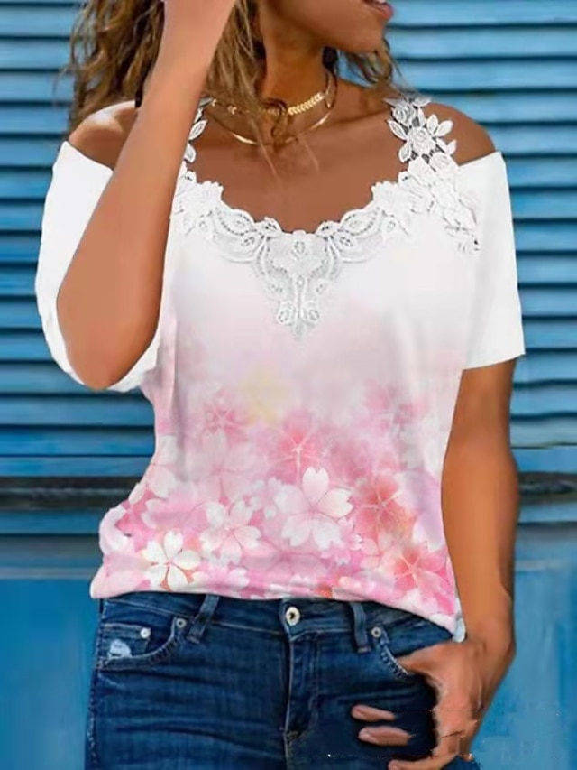  Women's Blouse T shirt Print Daily Flower / Floral T-shirt Sleeve Off Shoulder Summer Standard White