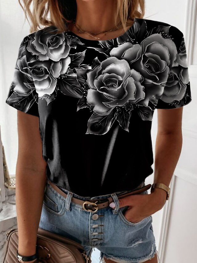  T shirt Tee Femme Noir Jaune Rose Claire Imprimer Floral Casual Vacances Manche Courte Col Rond basique Normal Standard Peinture S