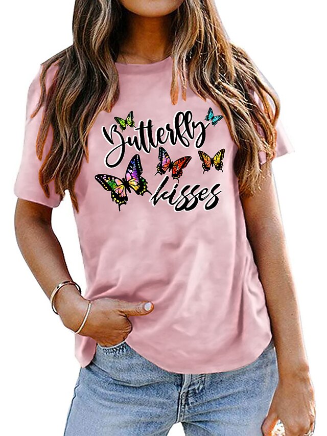  Women's Graphic Patterned Butterfly Letter Daily Going out Weekend Butterfly Short Sleeve T shirt Tee Round Neck Print Basic Essential Tops 100% Cotton Green White Blue S