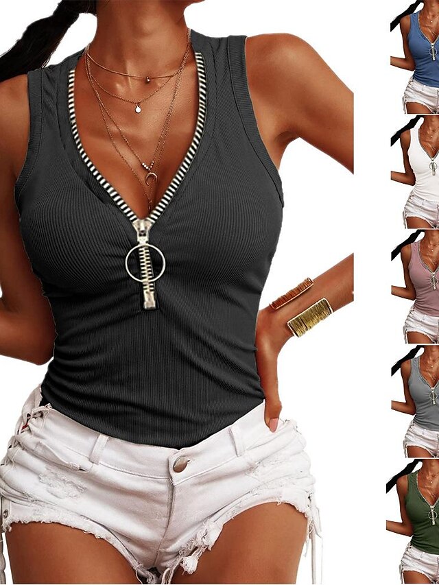  summer        women‘s threaded zipper slim vest top t-shirt