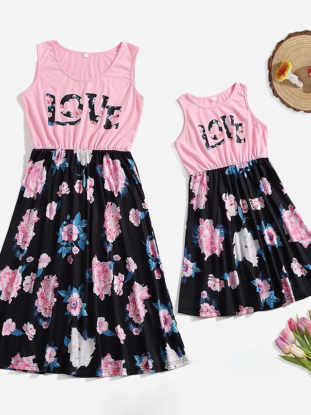  Mommy and Me Valentines Dresses Causal Floral Letter Print Pink Knee-length Sleeveless Daily Matching Outfits / Summer / Sweet