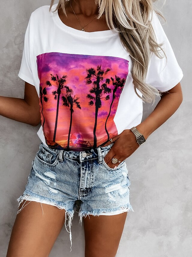  Women's T shirt Tee Graphic Patterned Casual Weekend Floral Painting Short Sleeve T shirt Tee Round Neck Print Basic Essential White Black Purple S